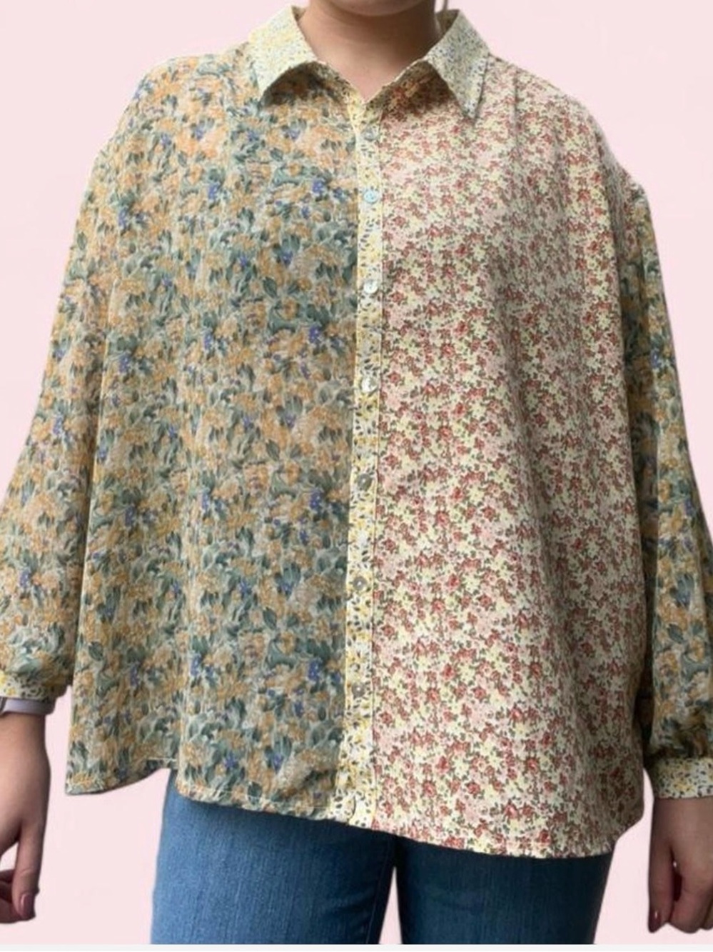 Floral Split-Print Button-Up Blouse - Yellow & Cream